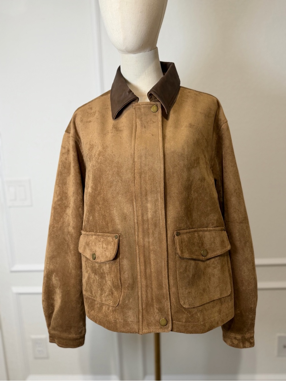 Fall Tan Suede Bomber Jacket with Dark Brown Collar